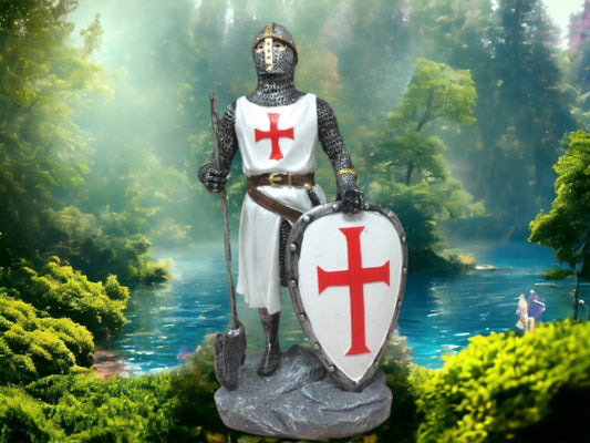 Templar Knight Standing with Axe and Shield Statue Ornament Medieval Gift Sculpture 18 cm