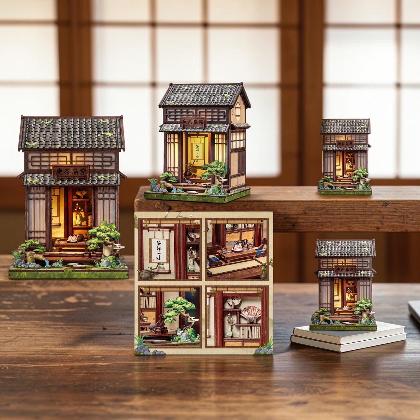 DIY Japanese Tea House Miniature Kit LED Bookshelf Display Model Craft Adult Gift