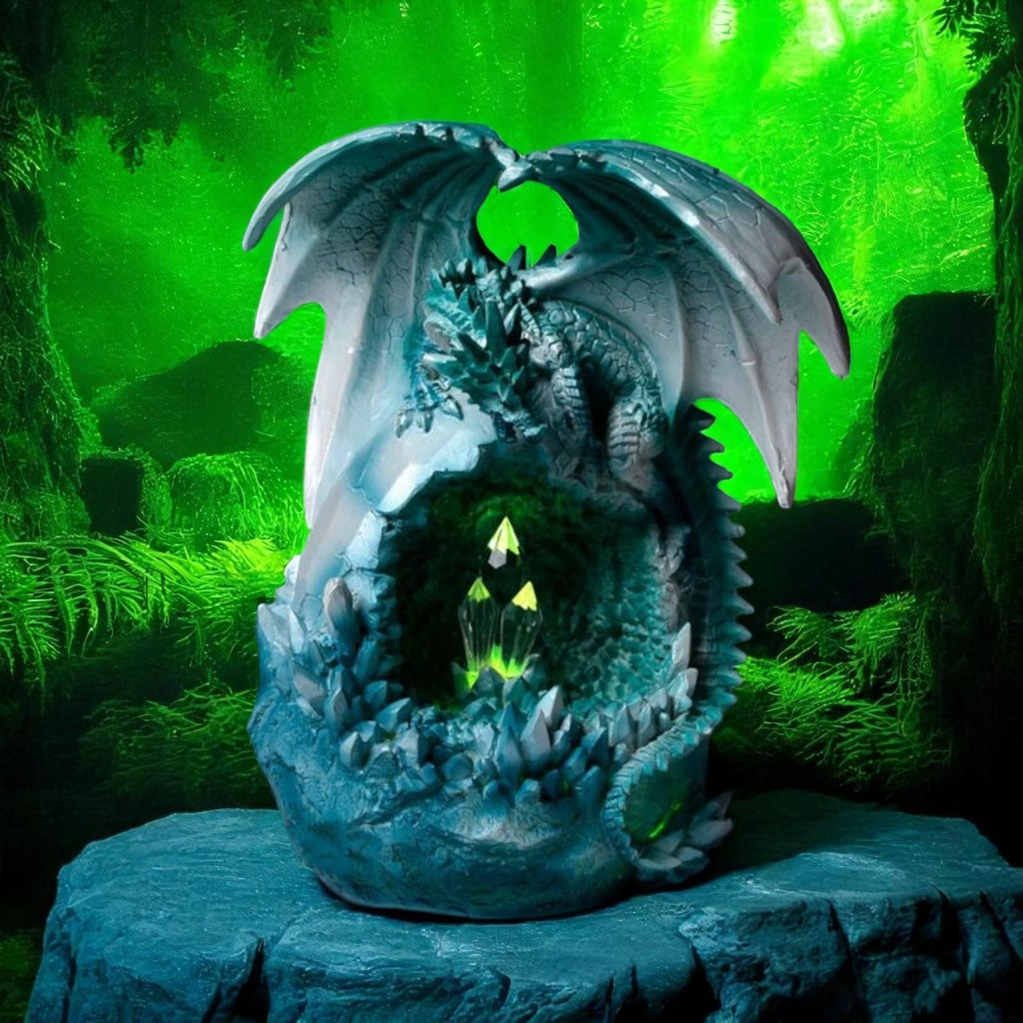 Blue Ice Dragon with LED Crystal | Fantasy Mythical Creature Ornament | Gothic Resin Sculpture