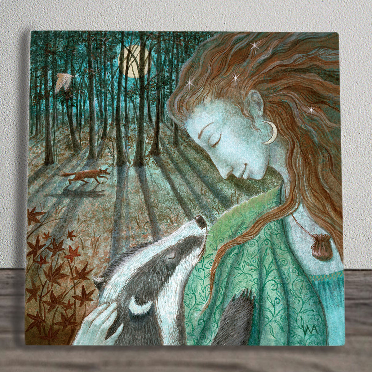 Lady Moon Serenity Ceramic Art Tile by Wendy Andrew 20X20 cm – Ready to Hang Wall Art in Box