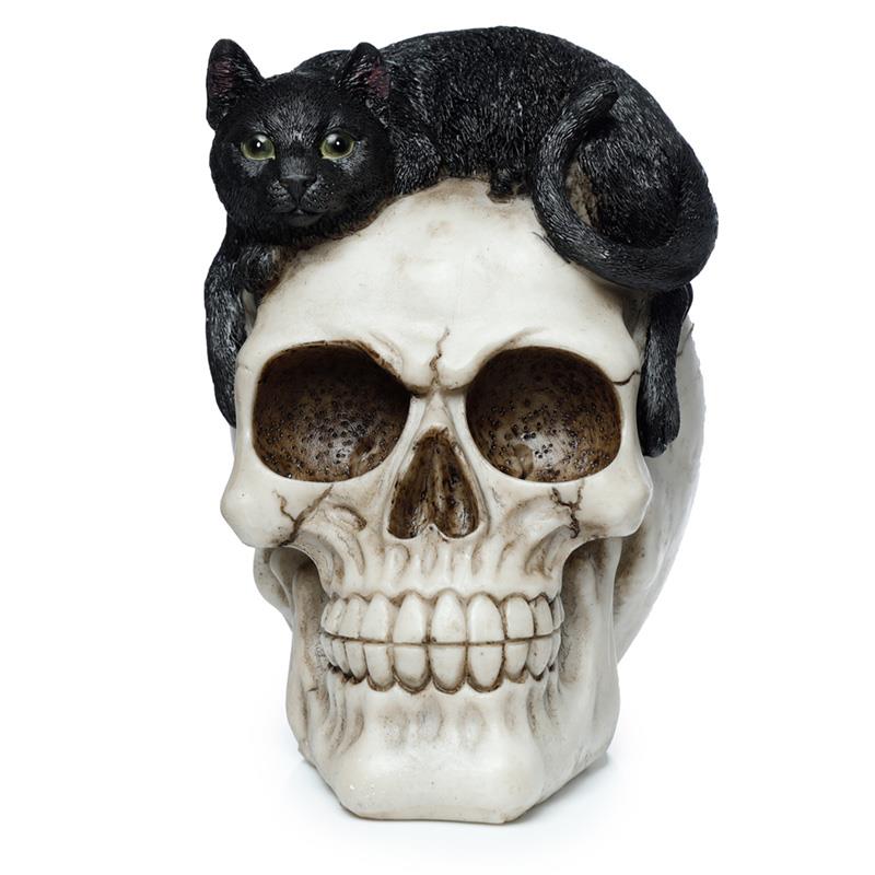 Witchcraft Black Cat on Skull Figurine Gothic Ornament Home Decor Resin Statue 14cm