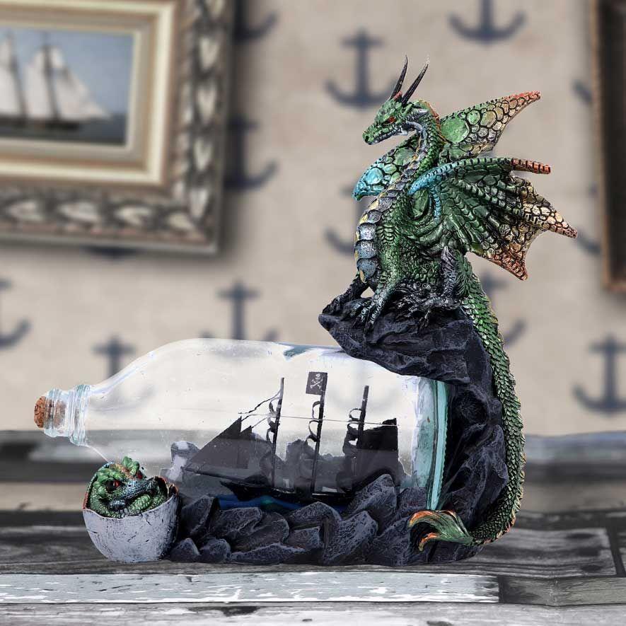 Majestic Green Dragon Figurine with Ship in a Bottle | Hand-Painted 22cm Resin Fantasy Decor | Mythical Collectible Ornament