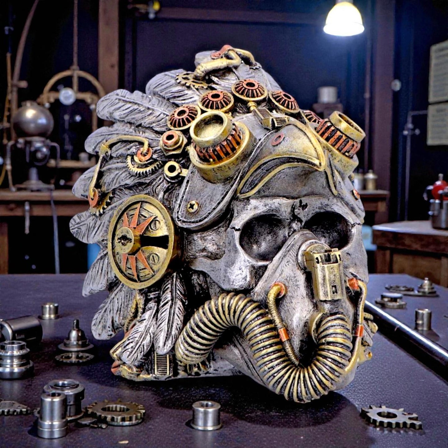 Steampunk Indian Skull Ornament Mechanical Feather Headdress Gothic Decor
