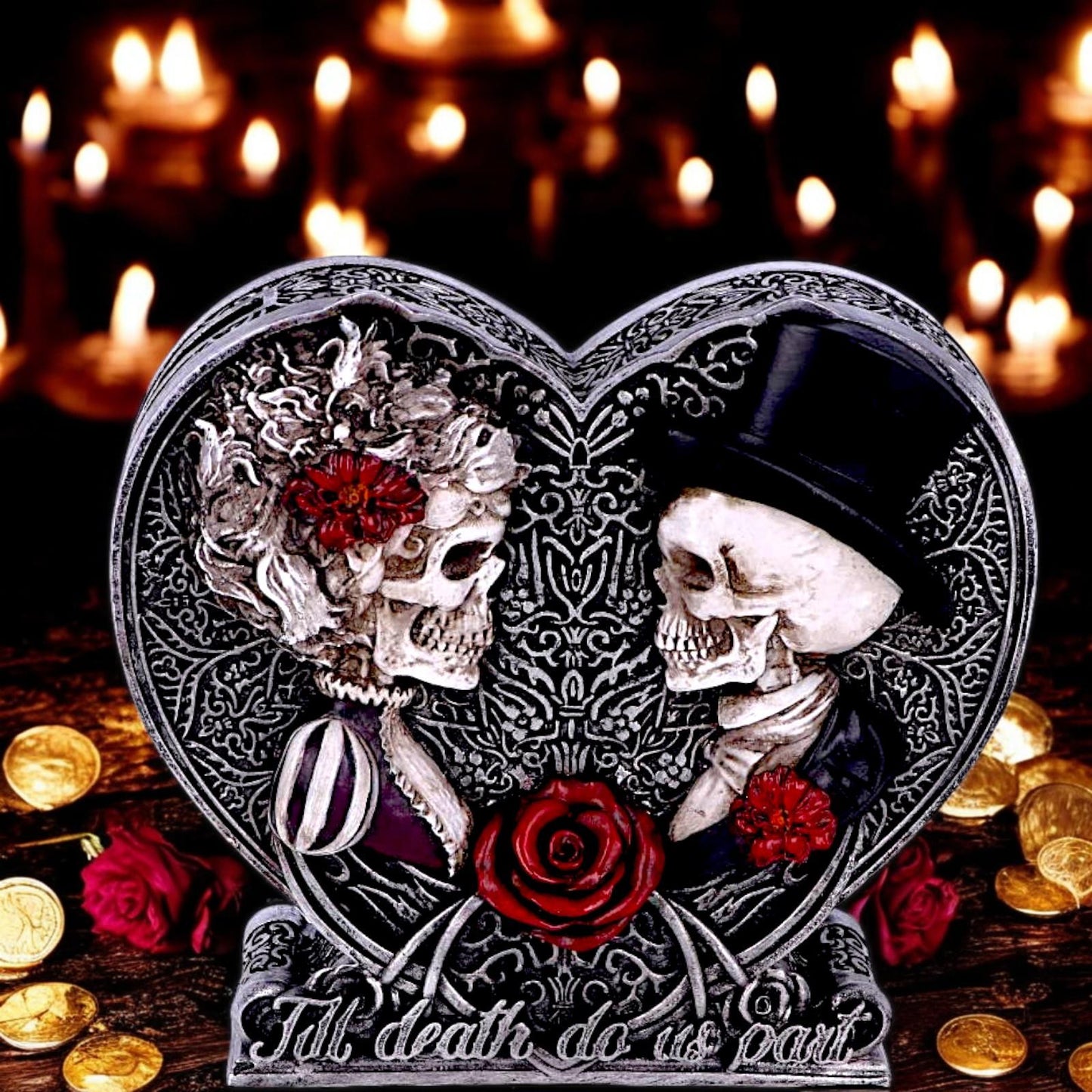 Till Death Do Us Part Skeleton Money Box | Gothic Couple Skull Heart Bank 17.1cm | Gothic Wedding Gift