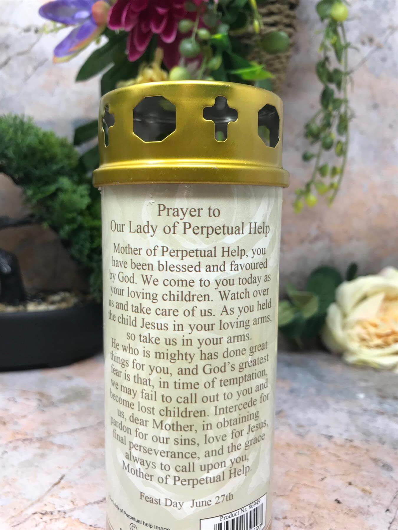 Our Lady of Perpetual Help Grave Candle Windproof Cap Prayer on Reverse Religious Graveside