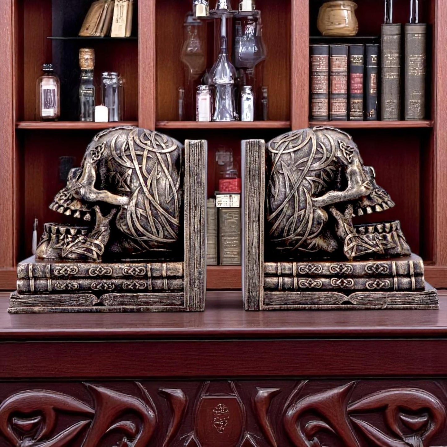 Celtic Skull Bookends Bronze Finish Decorative Shelf Decor Gothic Horror Ornaments