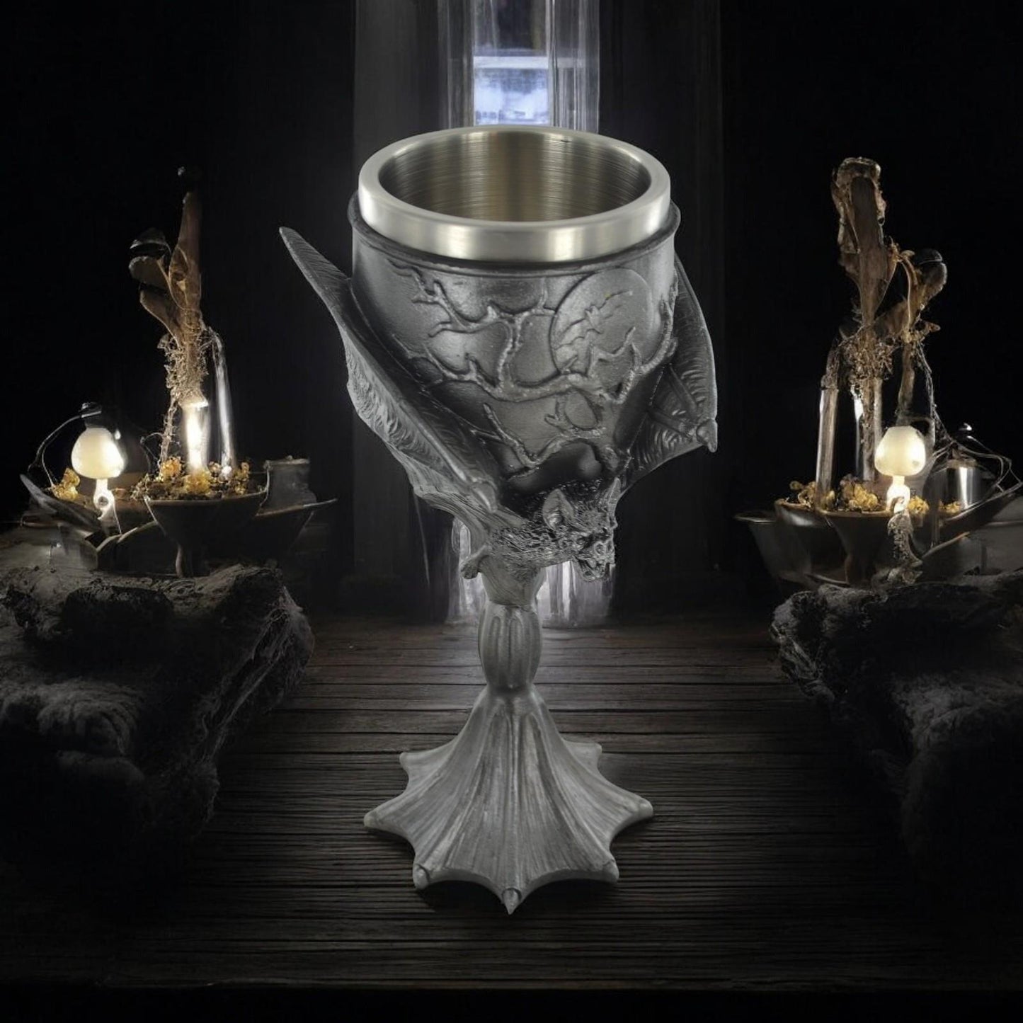 Gothic Bat Chalice Goblet with Pentagram, Designed by Tina Tarrant - Resin & Stainless Steel 20cm