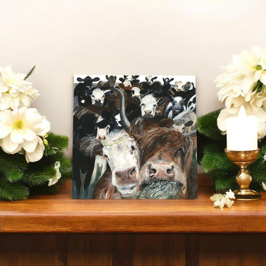 Cow Crowd Ceramic Art Tile by Pankhurst Gallery | 20x20 cm | Wall Hanging | Decorative Ceramic Tile | Boxed