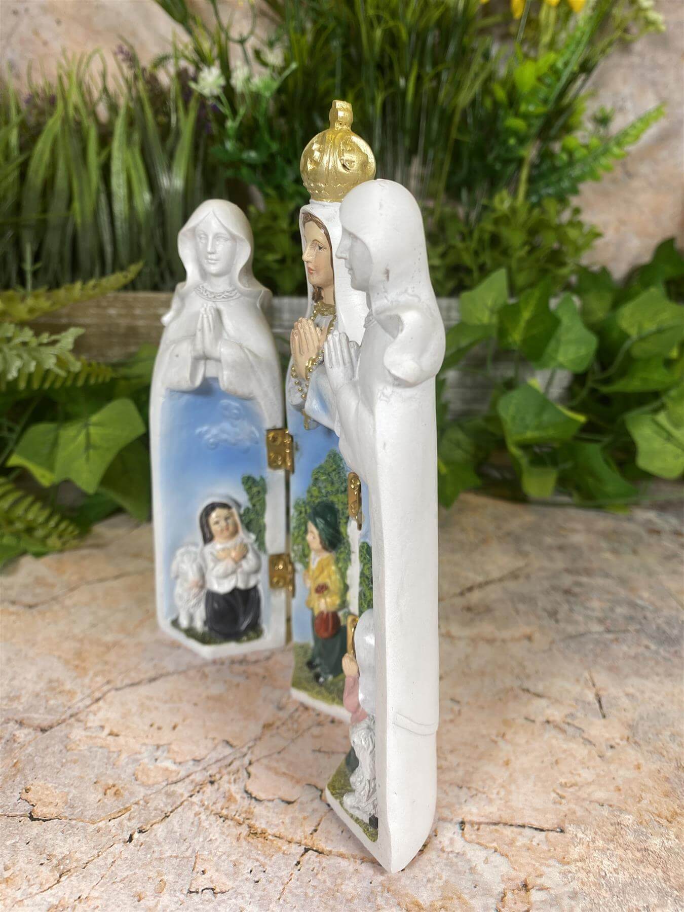 Exquisite Our Lady of Fatima Triptych Handcrafted Resin Masterpiece