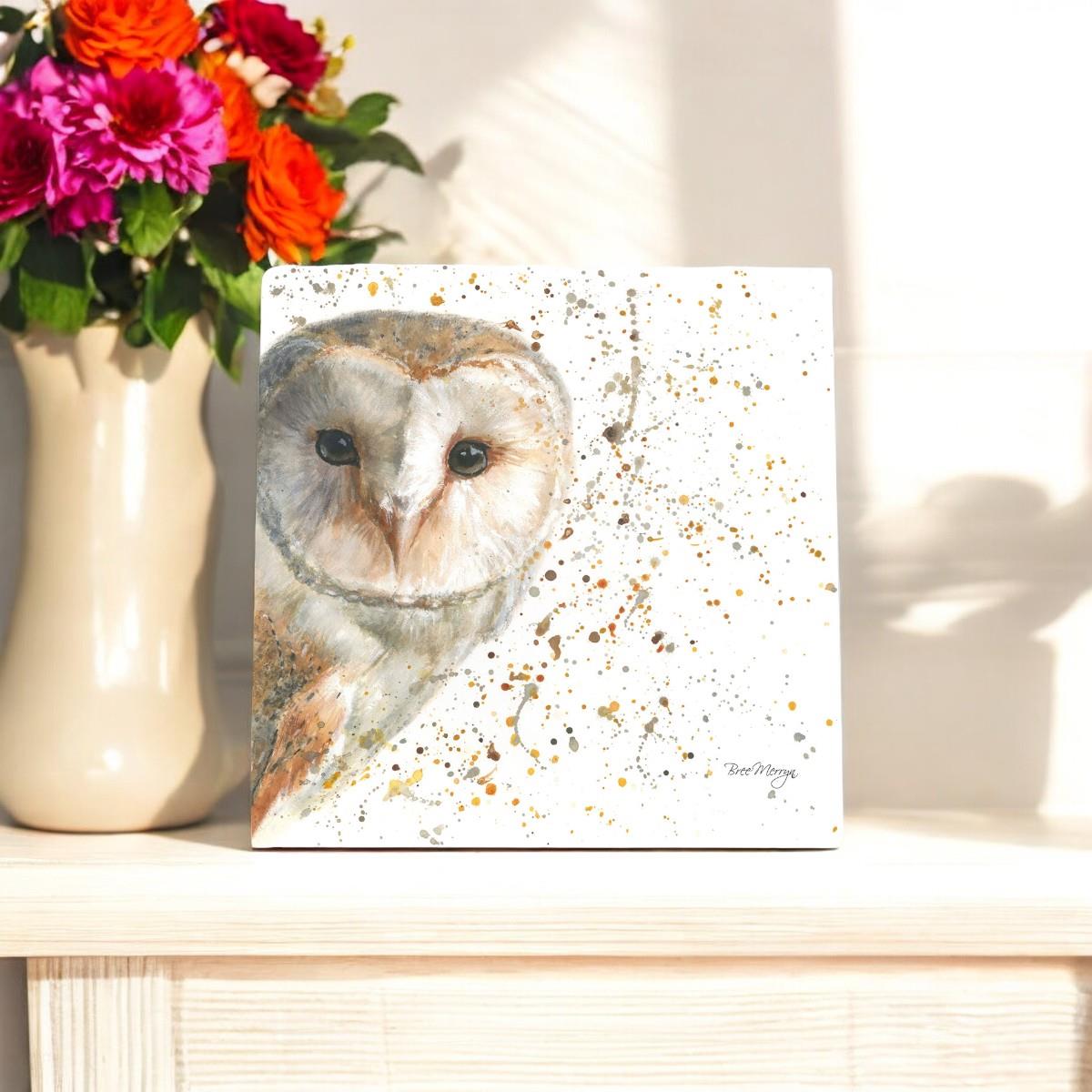 OLIVE OWL Ceramic Art Tile by Bree Merryn 20x20cm - Ready to Hang Wall Art with Gift Box