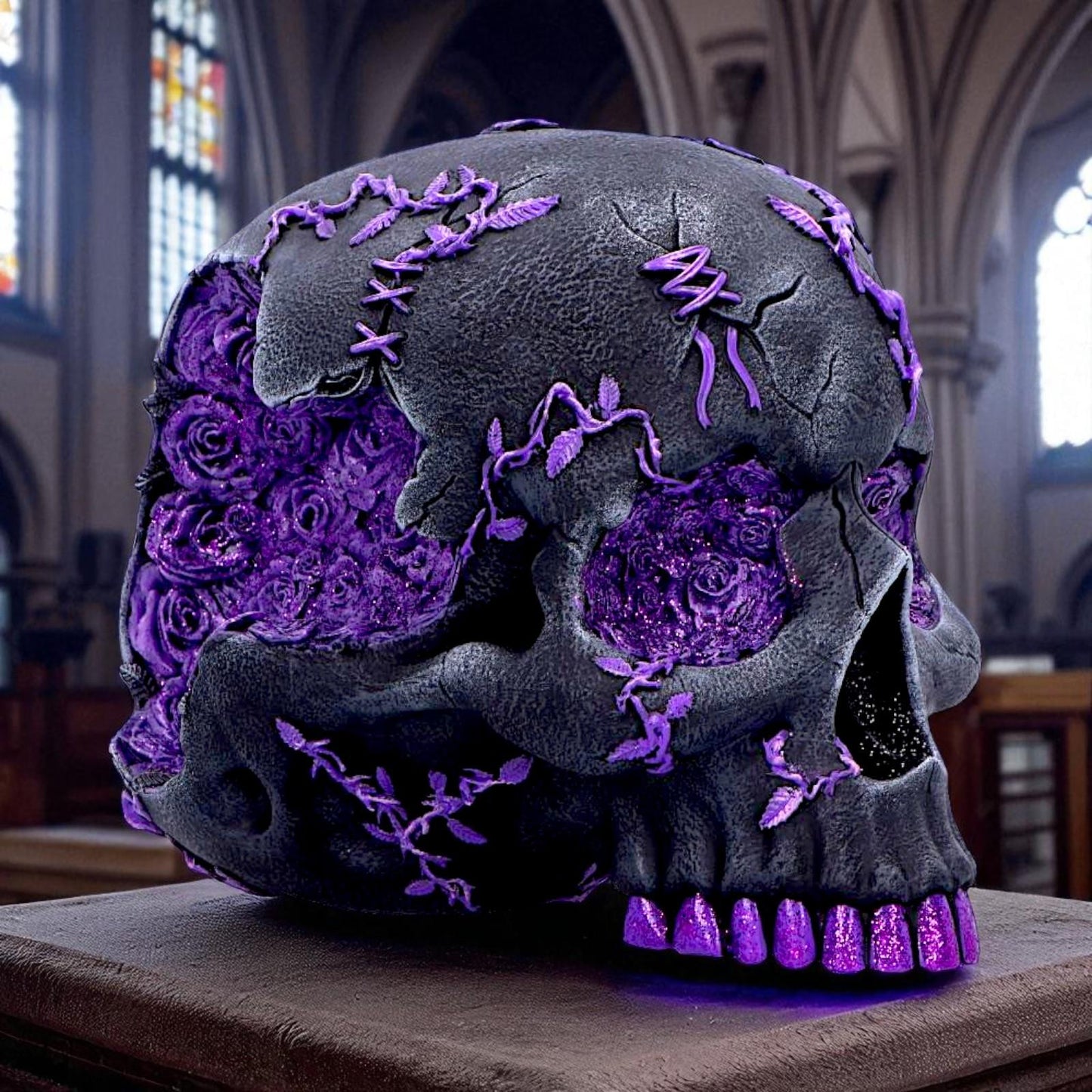 Fantasy Roses Skull Purple Gothic Geode Figurine Crystal Horror Ornament Decor