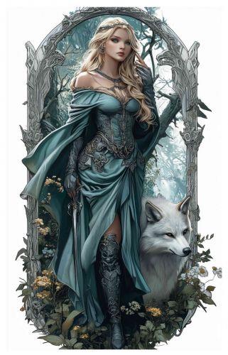Elegant Sword Maiden with Wolf Metal Wall Art – Fantasy Gothic Style Panel – 48cm Home D