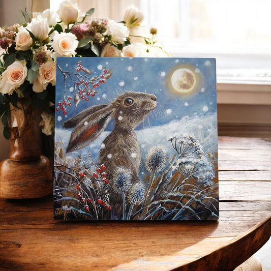 ICE MOON HARE Ceramic Art Tile by Judith Yates 20x20 cm – Nature Wall Décor, Winter Scene, Ready to Hang