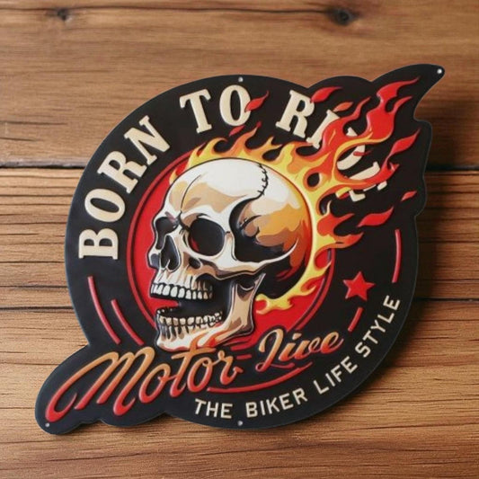 Flaming Skull Metal Wall Art | Born to Ride Motorcycle Biker Decor Sign 34x30cm