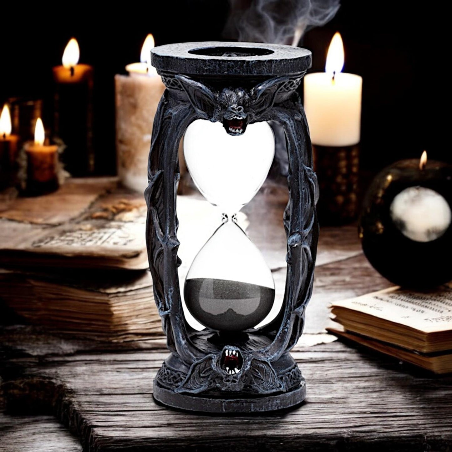 Gothic Vampire Bats Sand Timer Hourglass Fantasy Altar Decor Resin Ornament 19cm