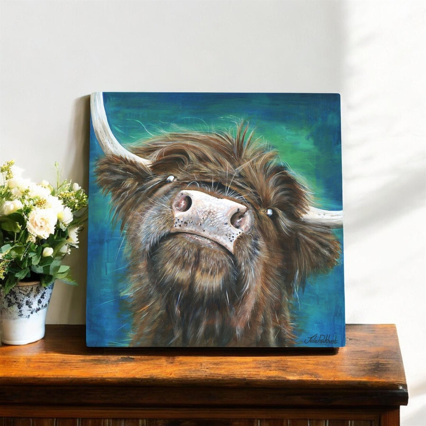 Flora Highland Cow Ceramic Art Tile by Pankhurst Gallery 20x20 cm Ready to Hang