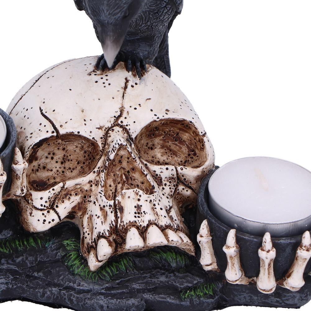 Skull and Raven Candle Holder Gothic Resin Figurine Dark Fantasy Decor 15cm