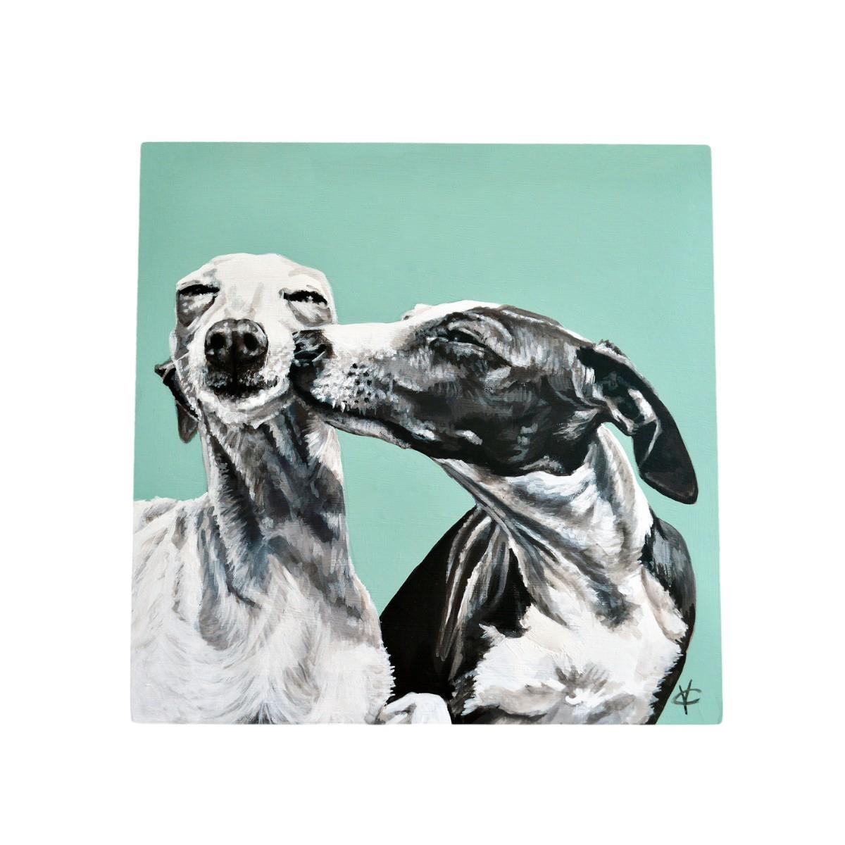 The Kiss Greyhound Dog Art Ceramic Tile 20x20 cm by Victoria Coleman - Unique Home Decor, Ready to Hang Description: Brin-Osiris Craftworks