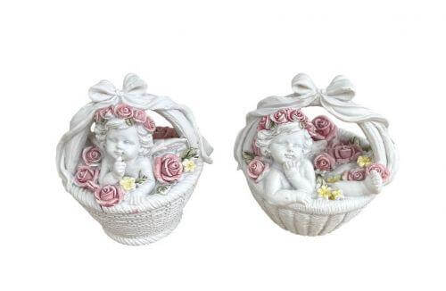 Set of Cherub Angels in Flower Baskets | 7.9cm Resin Angel Decor | Whimsical Cherub Basket Figurines