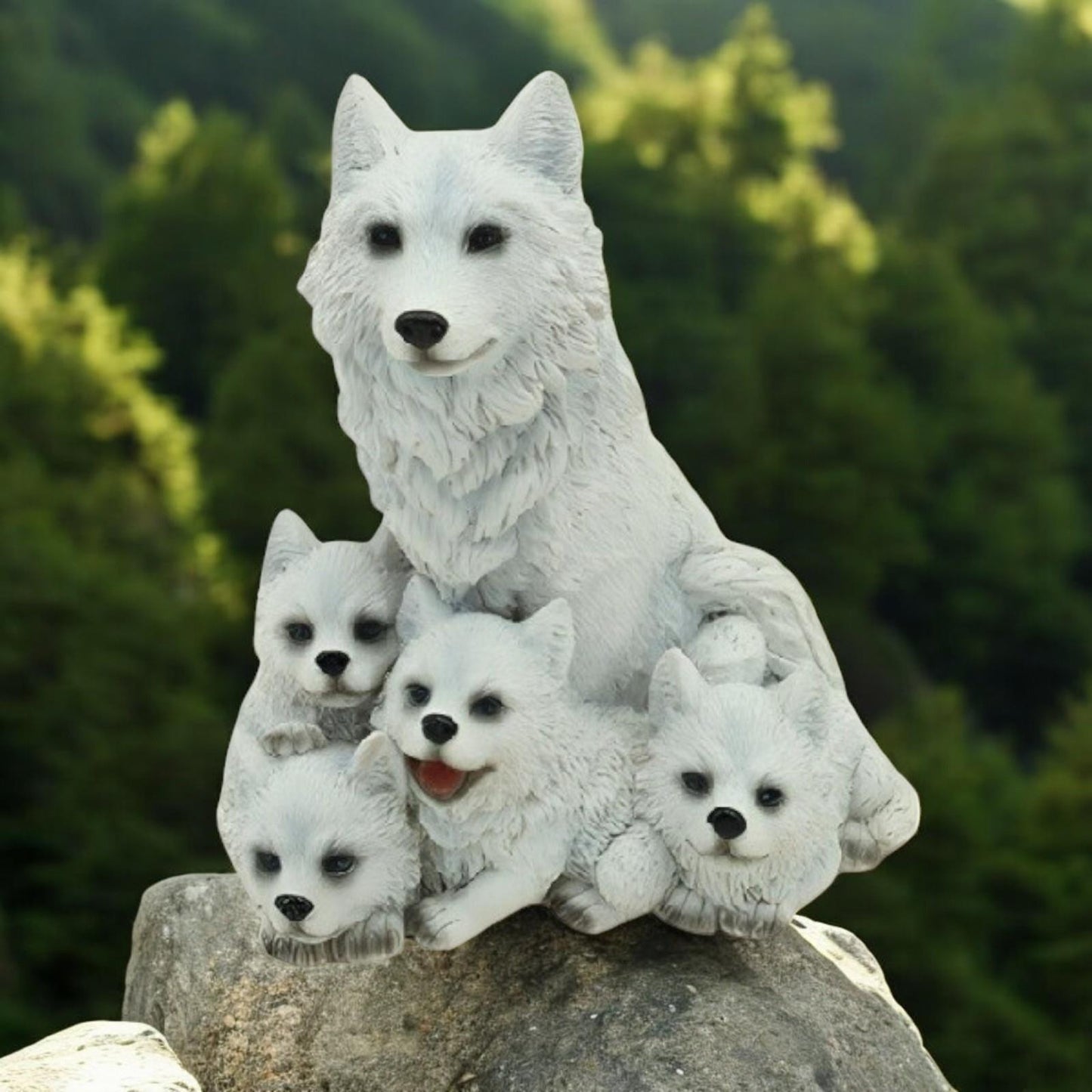 White Wolf & Pups Resin Figurine 12cm – Adorable Family Pack Statue for Wildlife Lovers