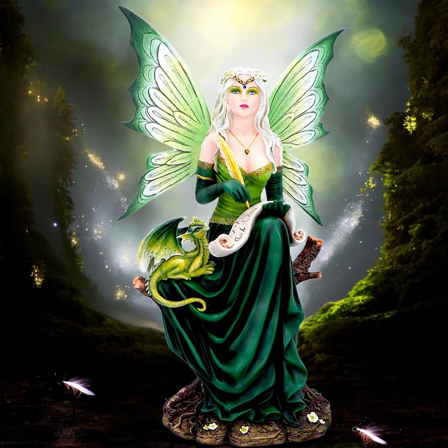 Enchanting 49.5cm Green Fairy Figurine with Dragon - Hand-Painted Fantasy Resin Sculpture