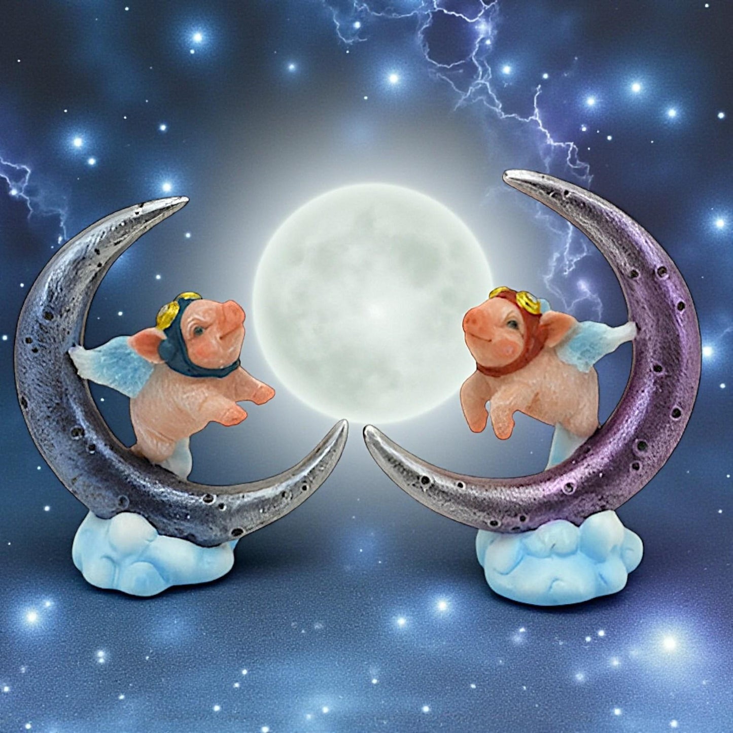 Whimsical Flying Pigs on Moon Figurine Pair Cute Fantasy Ornaments Home Deco