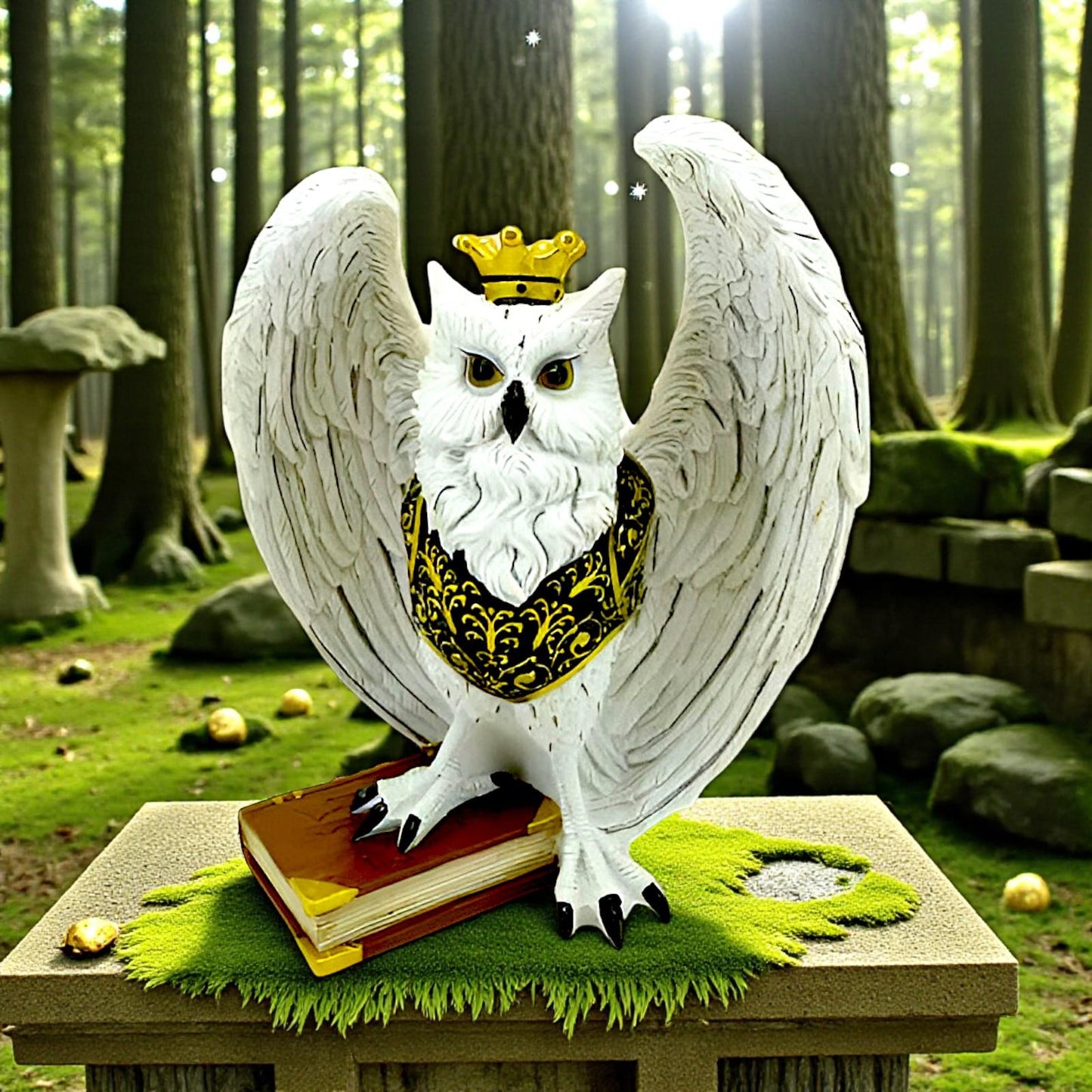 Majestic Owl with Crown Figurine Gothic Fantasy Sculpture Spell Book Ornament