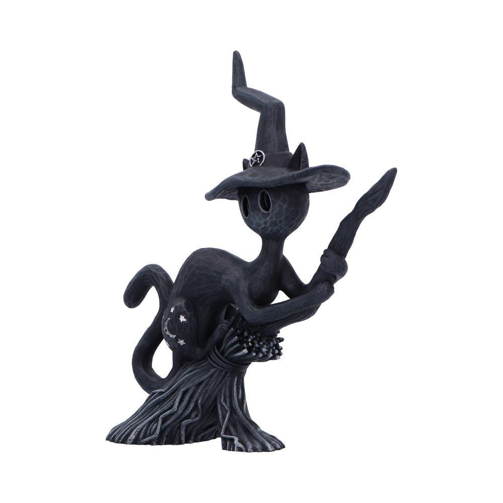 Bewitch Spell Cat Figurine Flying Wiccan kitty Broomstick Fantasy Halloween Altar