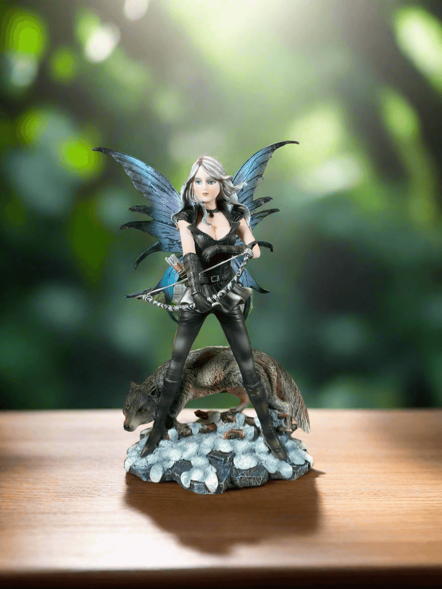 Enchanting Winter Fairy Huntress and Mighty Wolf Statue Captivating Sculpture Mythical Creatures 27 cm Tall