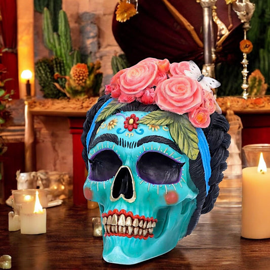 Calavera de Azucar Mexican Sugar Skull Day of the Dead Decor Hand-Painted Resin Figurine