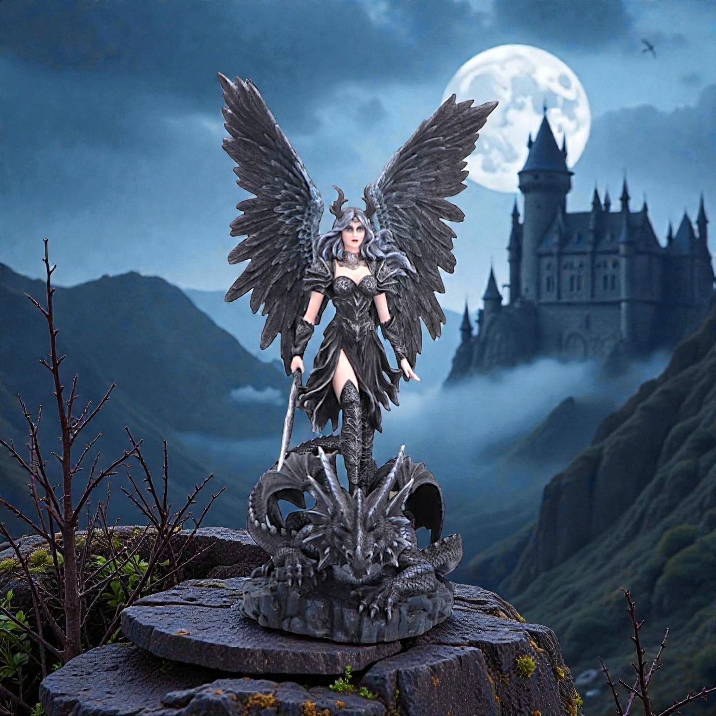 Dark Angel Fairy Statue Dragon Companion Gothic Ornament Fantasy Display Collectible