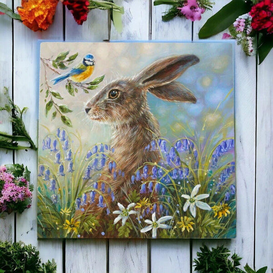 Serene Hare in Bluebells Ceramic Tile Judith Yates Spring Meadow Art Wall Art-Osiris Craftworks