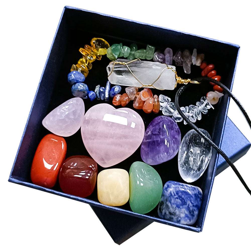 Crystal Chakra Healing Set - 12-Piece Gemstone Collection with Rose Quartz Heart, Jade, Amethyst, and Hexagon Pillar, Perfect for Meditation and Energy Balance