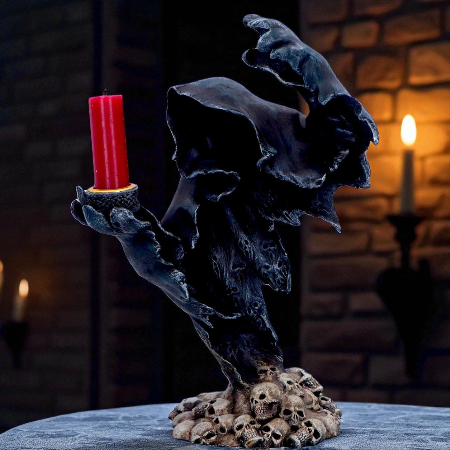Dark Reaper Candle Stand Gothic Horror Skull Pile Sculpture Halloween Decor
