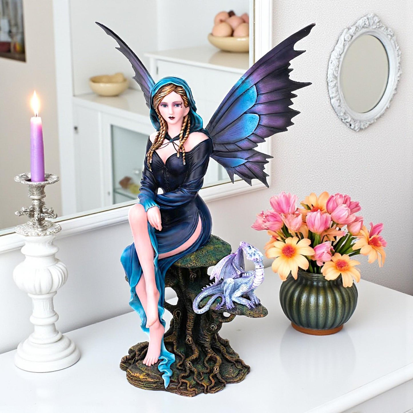 Fantasy Fairy Companion with Dragon Figurine Magical Mythical Gothic Sculpture