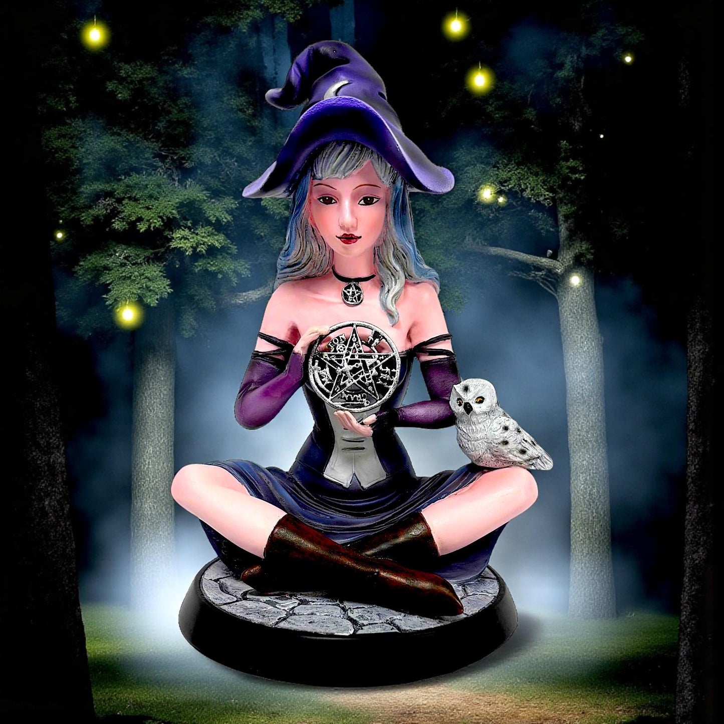 Fantasy Witch Holding Pentagram Figurine Wiccan Ornament  Statue with Owl