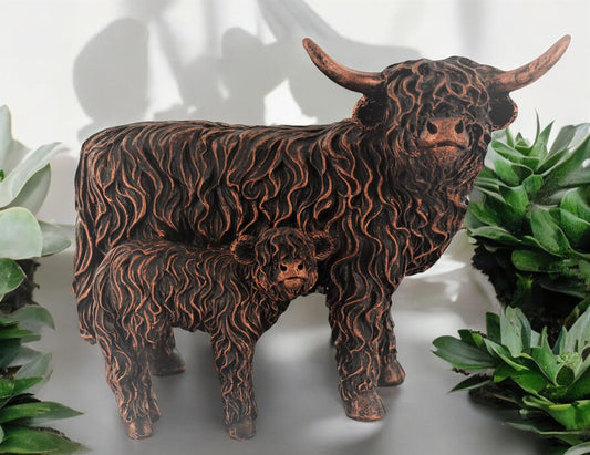 Highland Cow and Calf Bronze Effect Sculpture - Handcrafted Resin Ornament