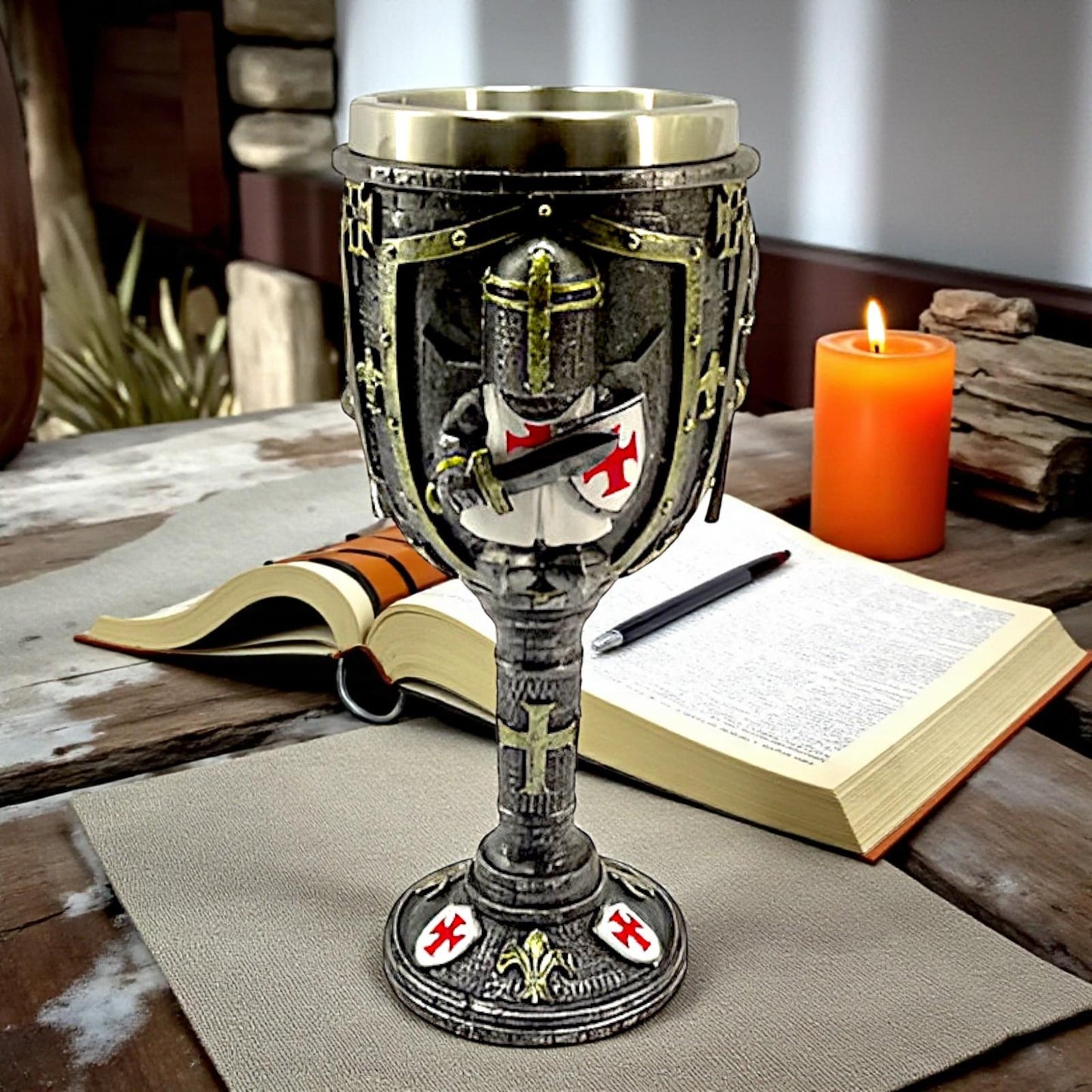 Medieval Knight Goblet with Shield and Sword Crusader Chalice Resin Fantasy Gift