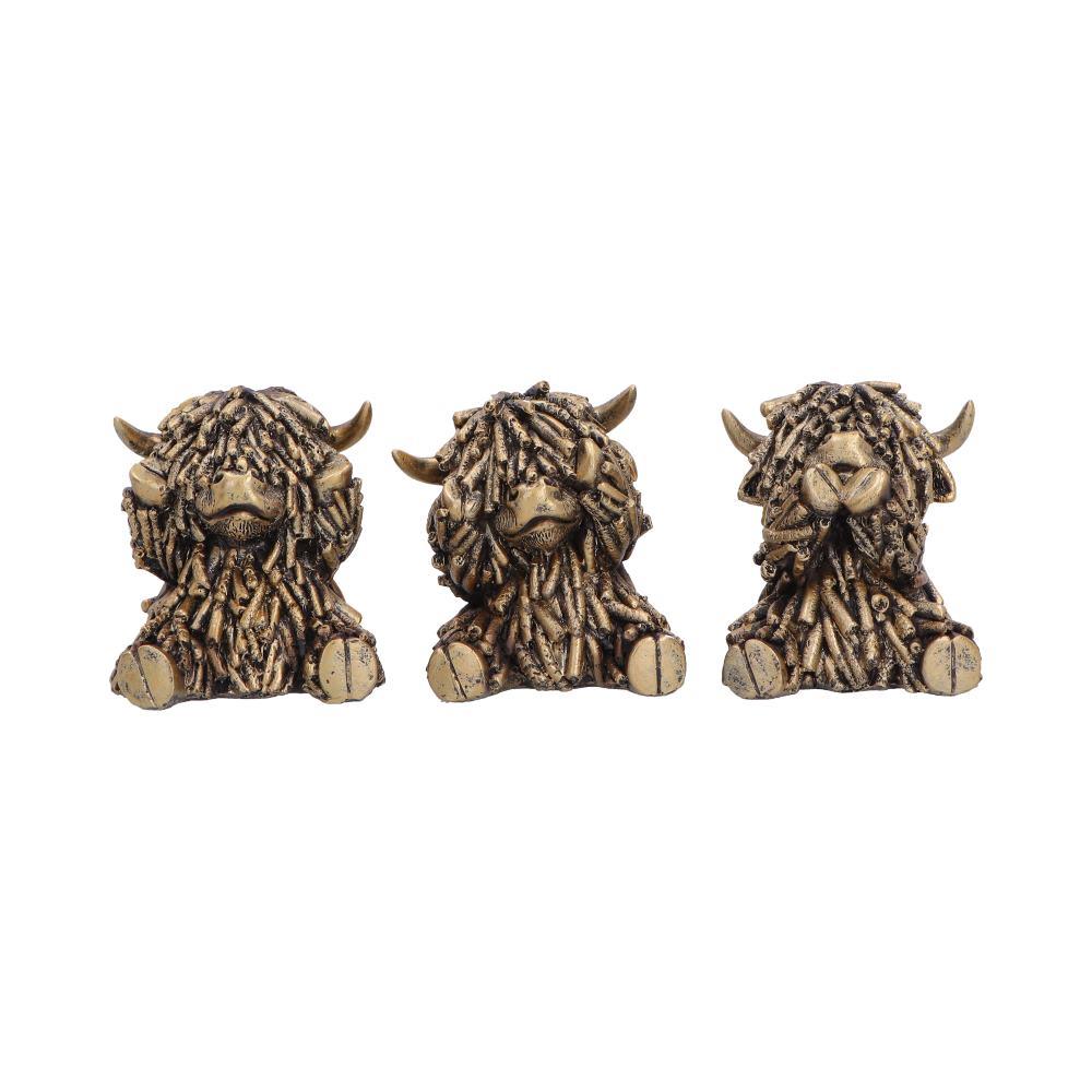 Three Wise Highland Cow Figurines Gold Farm Animal See Hear Speak Set