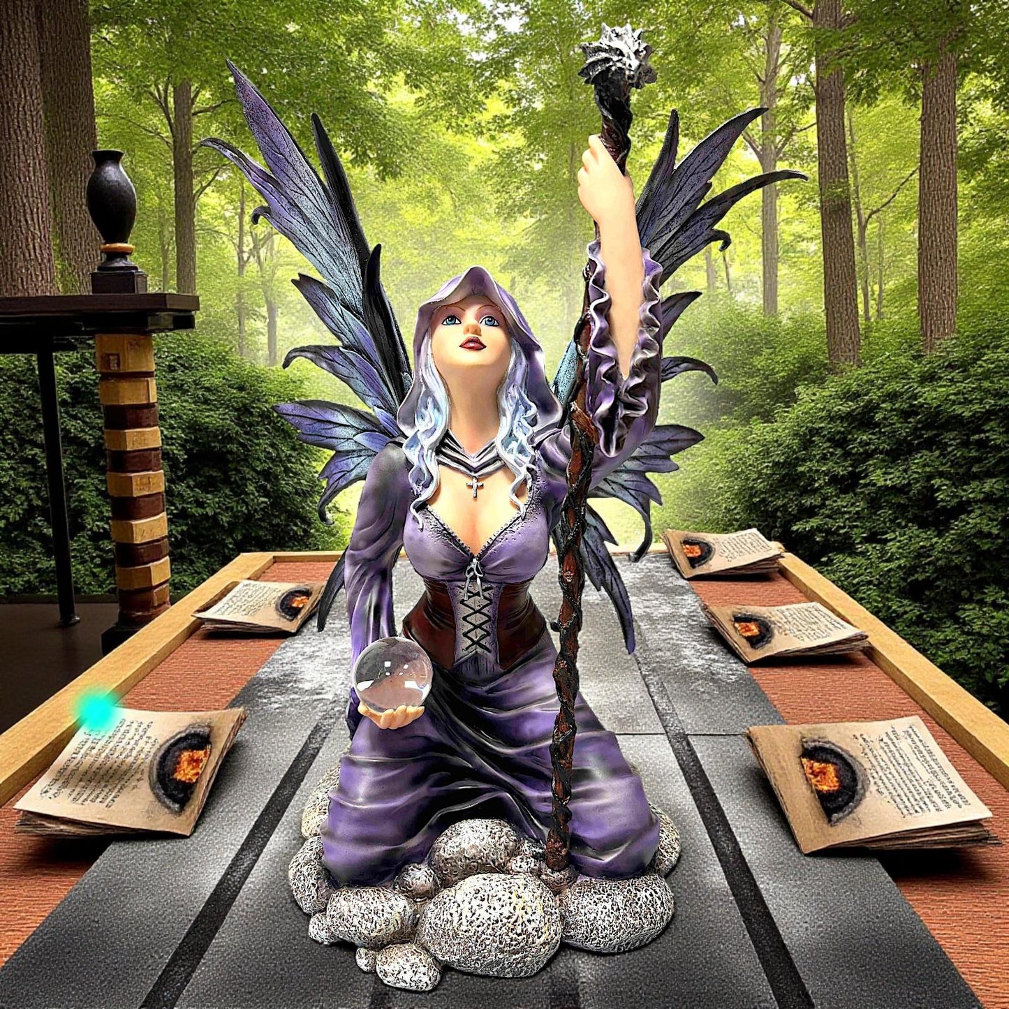 Fantasy Fairy with Staff and Orb Figurine Gothic Witch Angel Ornament Mythical Decor