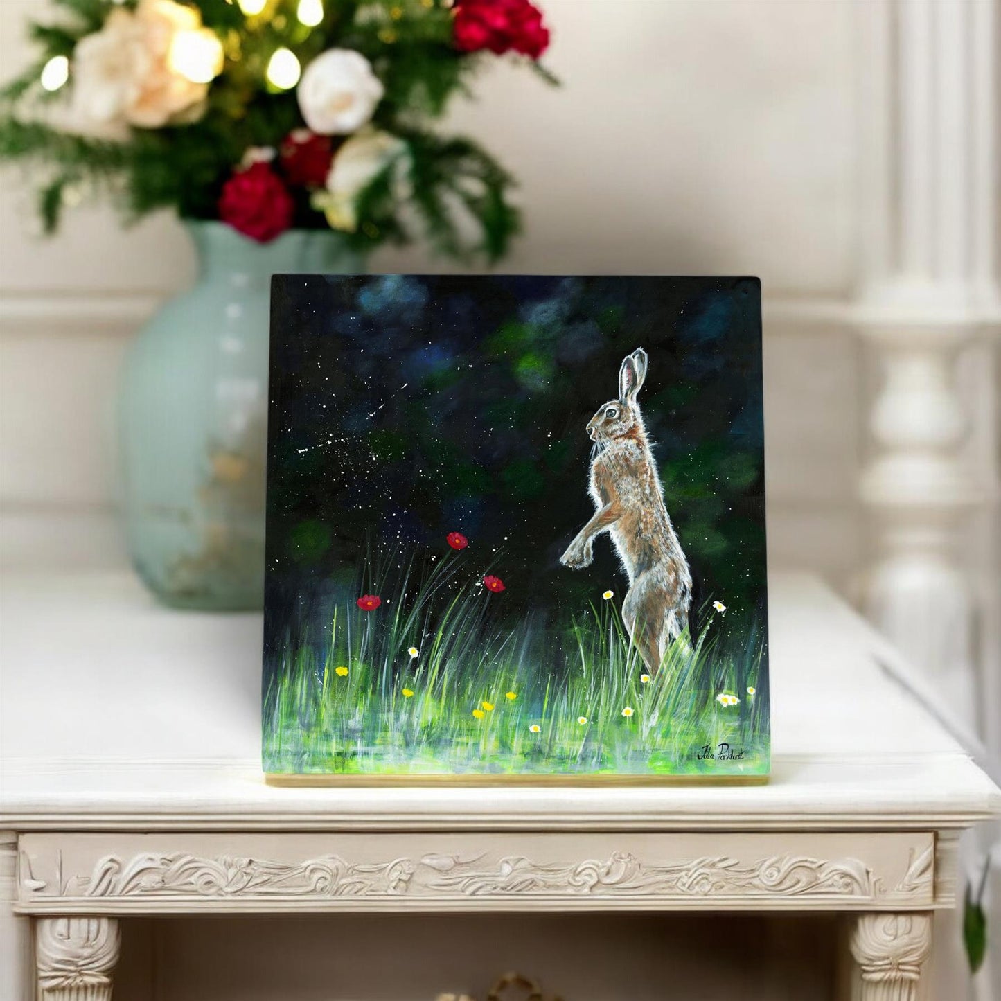 LONE DANCING HARE Ceramic Art Tile by Pankhurst Gallery 20x20 cm Ready to Hang Home Decor