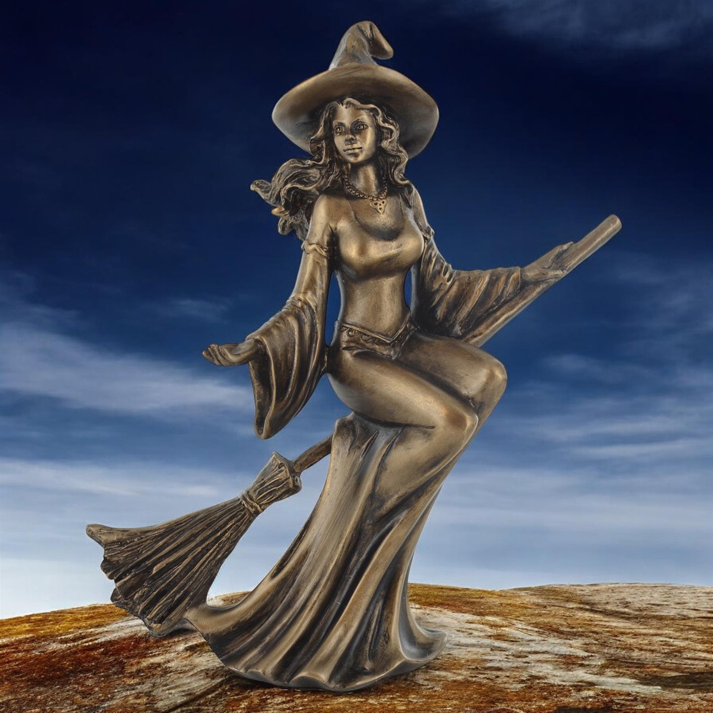 Enchanting Bronze Witch Figurine on Broomstick | Magical Resin Statue | Mystical Decor