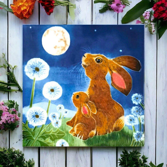 Captivating Moonbathing Hare Ceramic Tile by Judith Yates Moonlit Meadow Scene-Osiris Craftworks