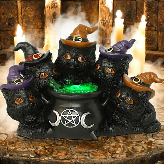 Mystical Light Up Black Cats & Cauldron Ornament Wicca Witchcraft Home Decor Gift