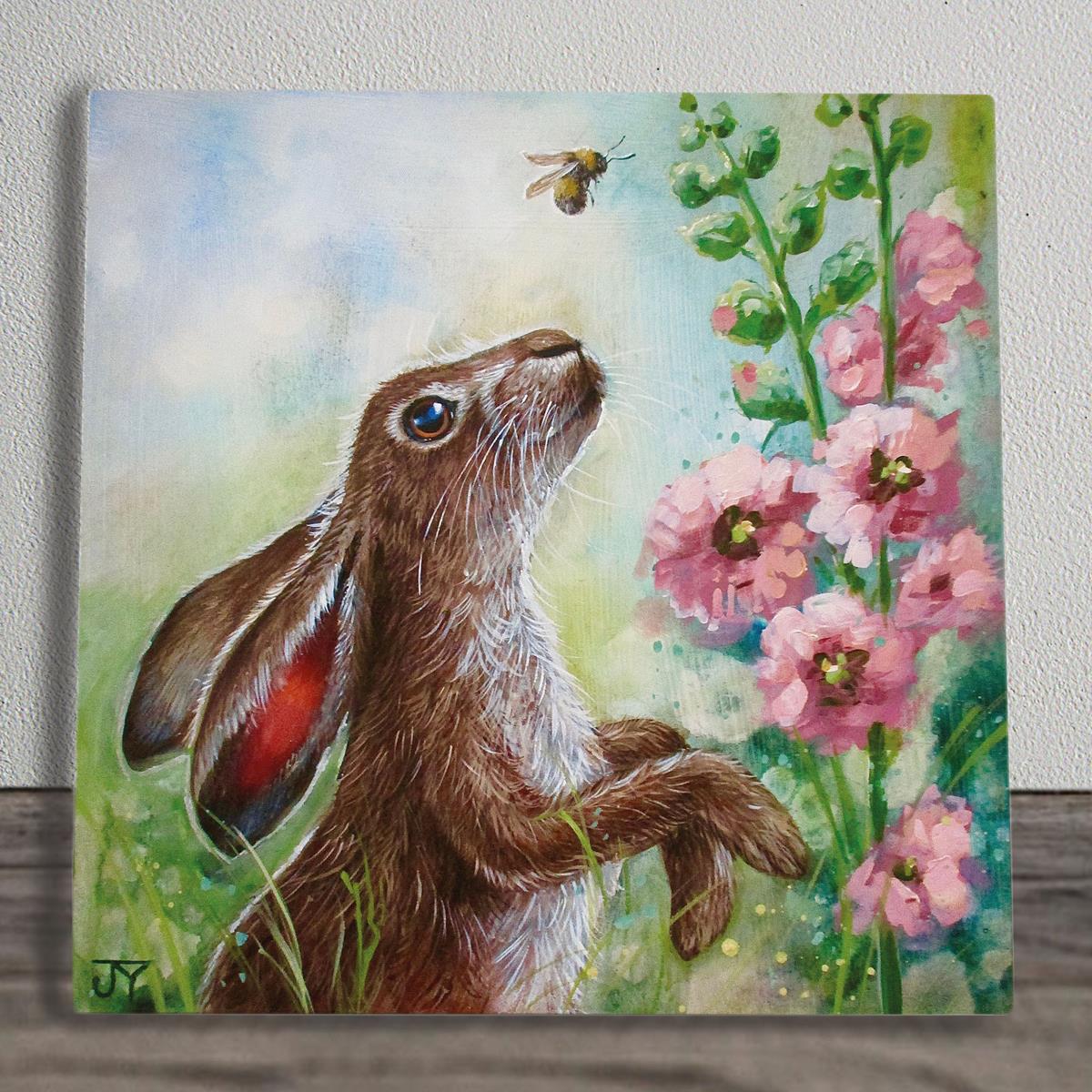 HOLLYHOCK HARE Ceramic Art Tile by Judith Yates - 20x20 cm, Handcrafted Wall Art