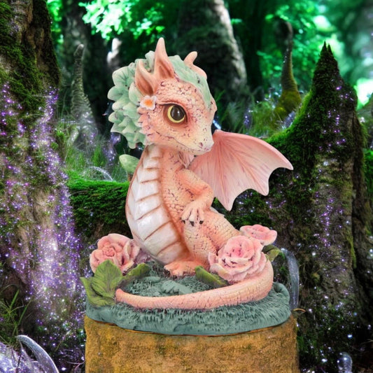 Adorable Baby Dragon Figurine Pink & Green with Roses – Fantasy Resin Ornament 11cm