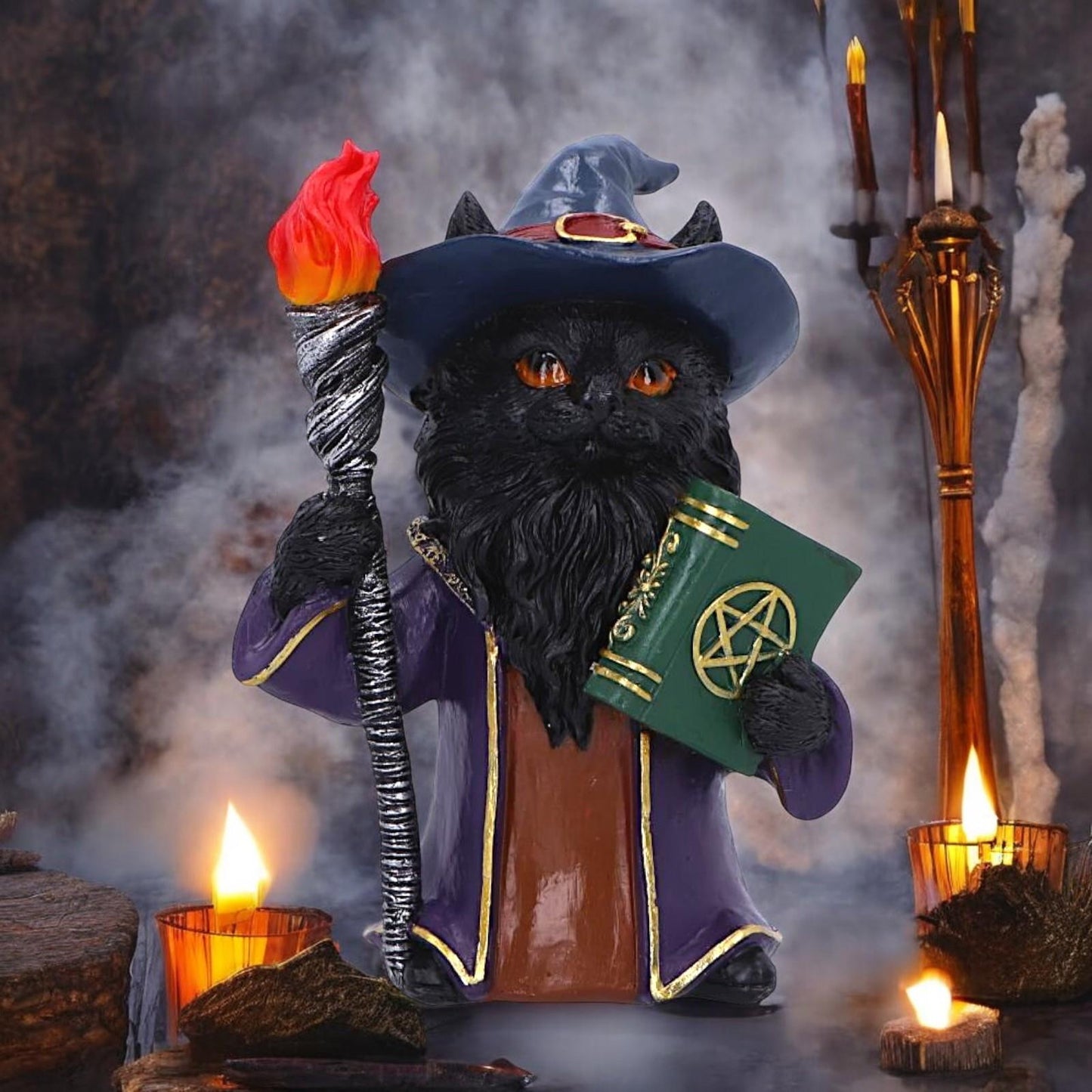 Magical Sorcerer Cat Figurine Wizard Ornament Wiccan Gothic Gift Witchcraft Decor