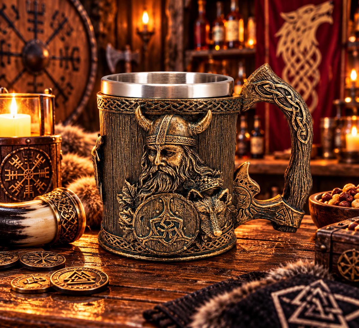 Viking Beer Tankard Warrior Wolf Shield Norse Nordic Medieval Fantasy Mug Gift