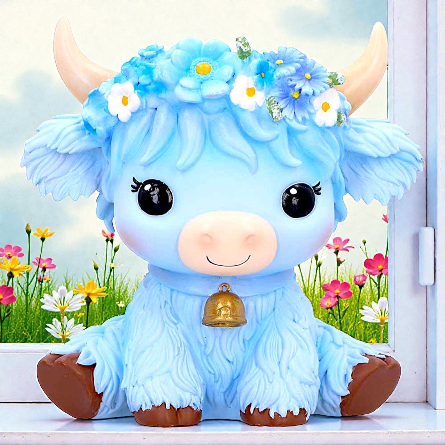 Moo Crew Bluebell Blue Flower Cow Figurine Cute Farmhouse Ornament Decor