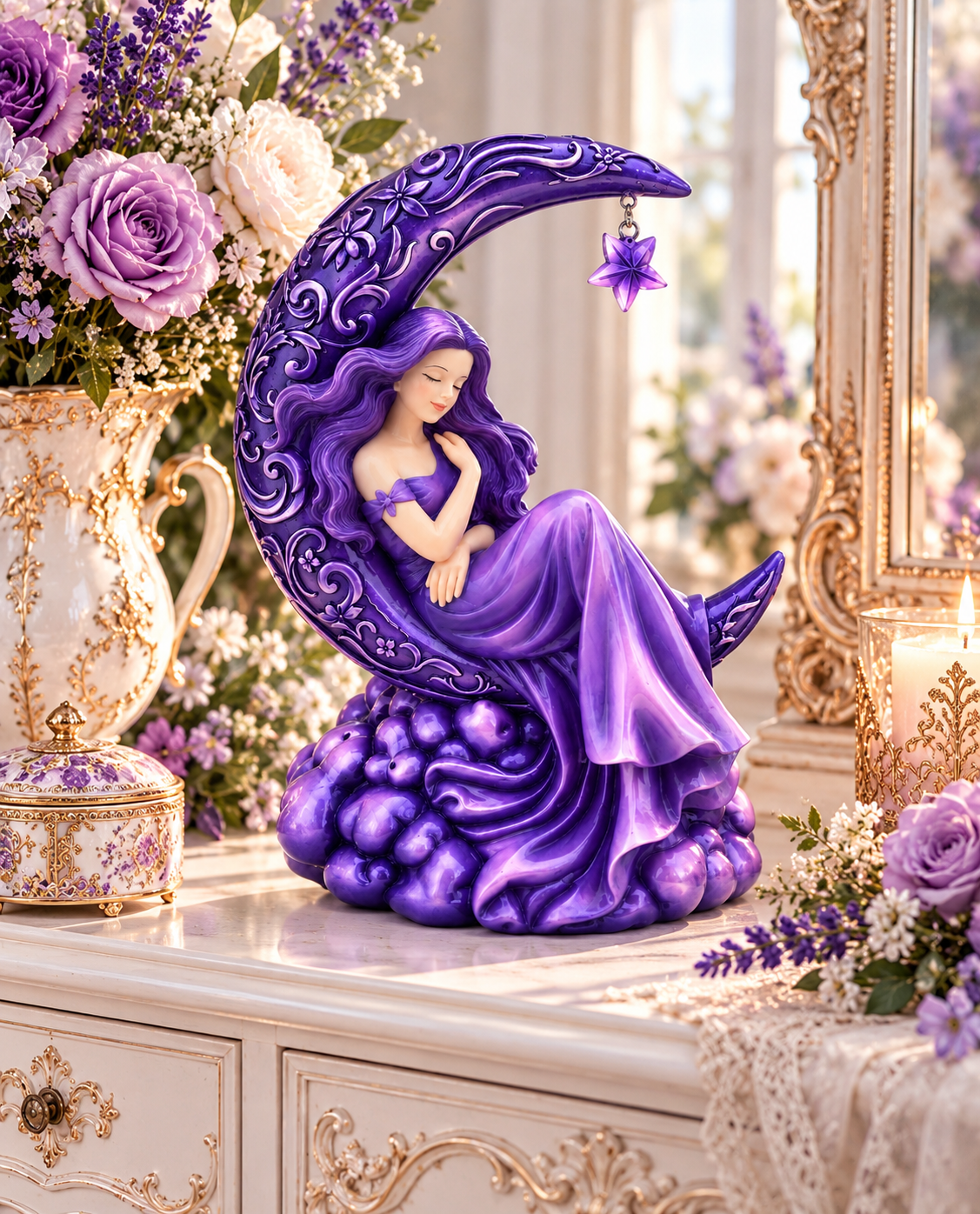 Purple Fairy Crescent Moon Figurine Fantasy Celestial Ornament Gothic Decor 17.8cm